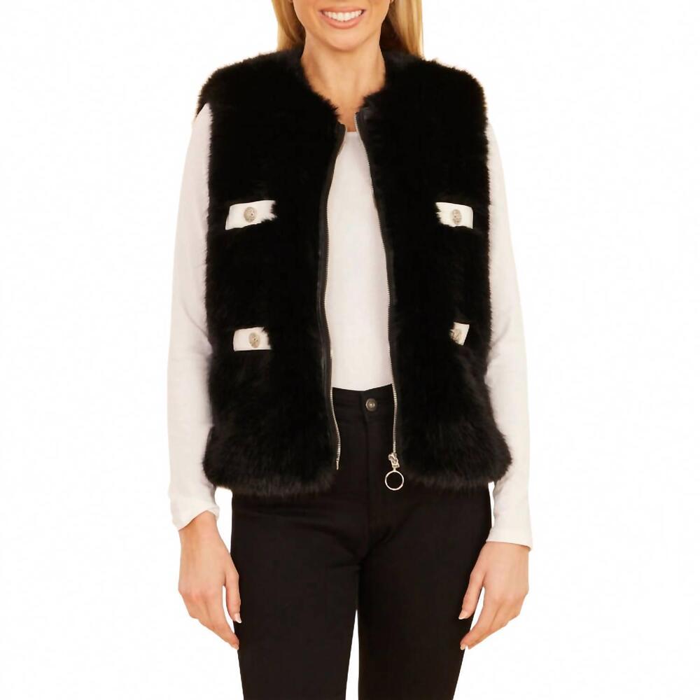 NEW DOLCE CABO fake fur vegan leather trimmed vest in black/ white